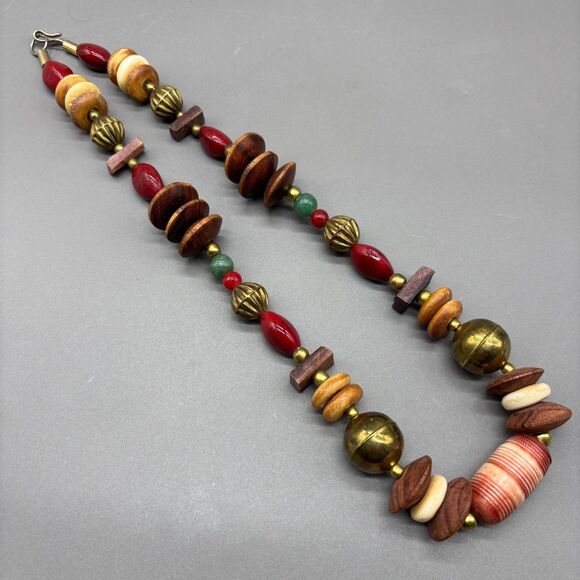 Tribal Style Statement Necklace Brass Bone Horn Wood Stone Beads 1970s Boho - Picture 2 of 16